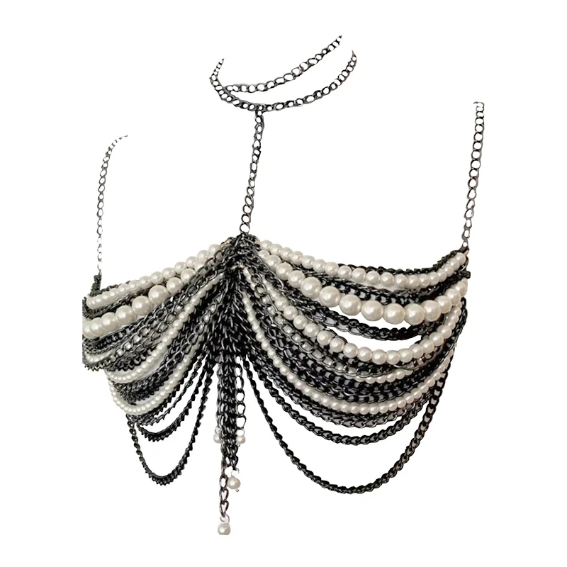 

2025 New Sexy Women's Super Short Top Black Chain Stitching White Faux Pearls Hollow Layers Tassel Backless Metal Bra