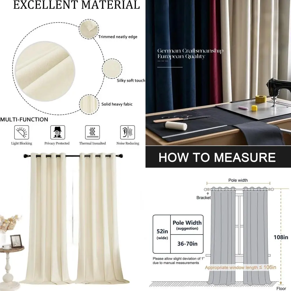 108 Long Velvet Curtains with Grommet - Ivory White, Soft and Noise-Reducing for Privacy, 2 Panels, 52 Wide