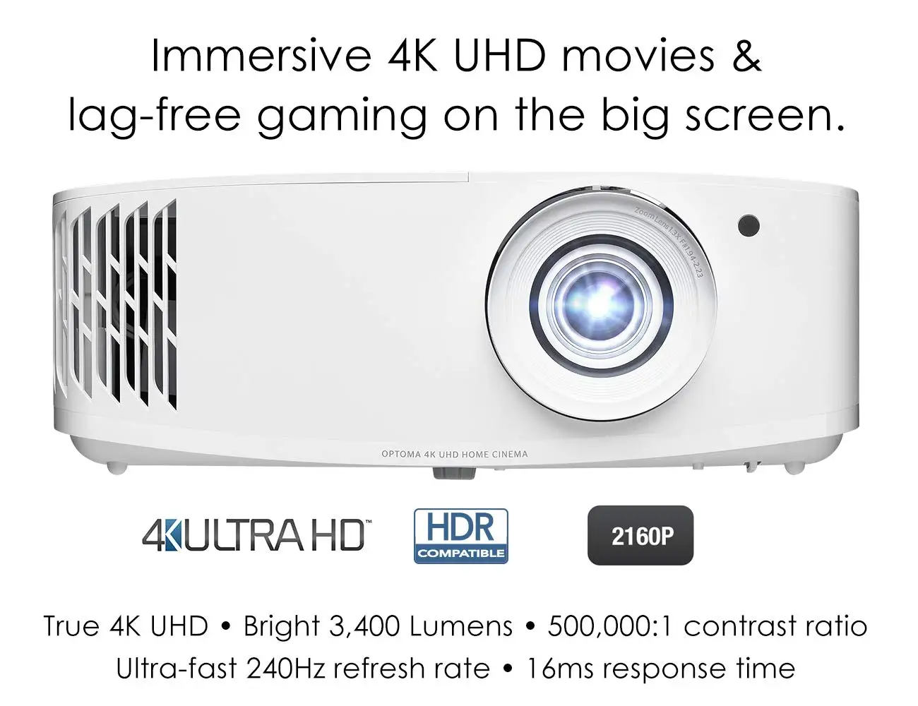 R Optoma UHD50X Projector 4K UHD 240Hz refresh rate  16ms response time HDR10 and HLG compatibility 3400 lumens