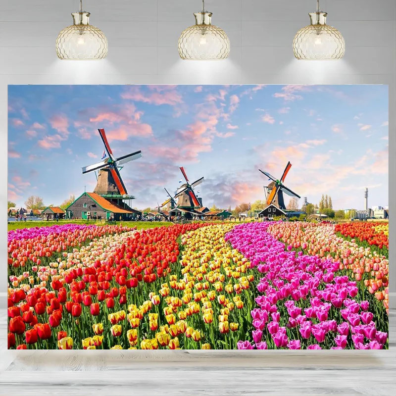 Netherlands Scenery Backdrop Colorful Tulip Flowers Field Photography Background Newlyweds Honeymoon Child Kids Banner