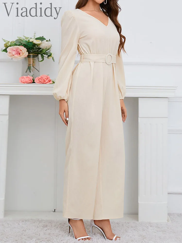 Office Lady Solid Color V-Neck Long Sleeve Straight Jumpsuit With Belt