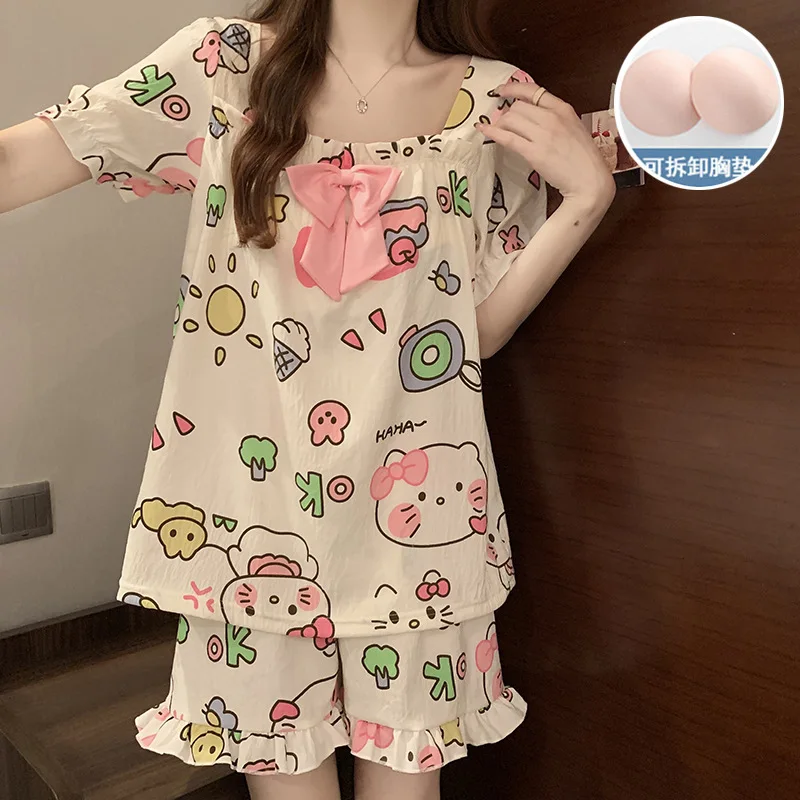 

Hello Kitty Pajama Set with Built-in Bra Floral Print Short Sleeve Shorts Sweet Cloud Cotton Homewear
