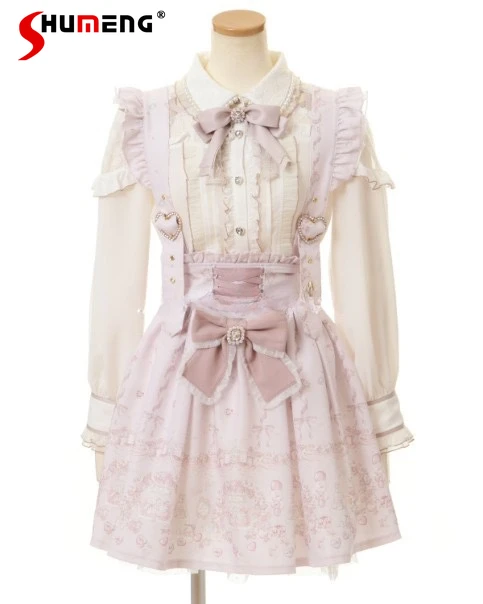 Sweet Lolita Girl Pink Short Skirt Japanese Mine Mass-Produced Ribbon Bow Diamond Heart Buckle Removable Printed Suspender Skirt