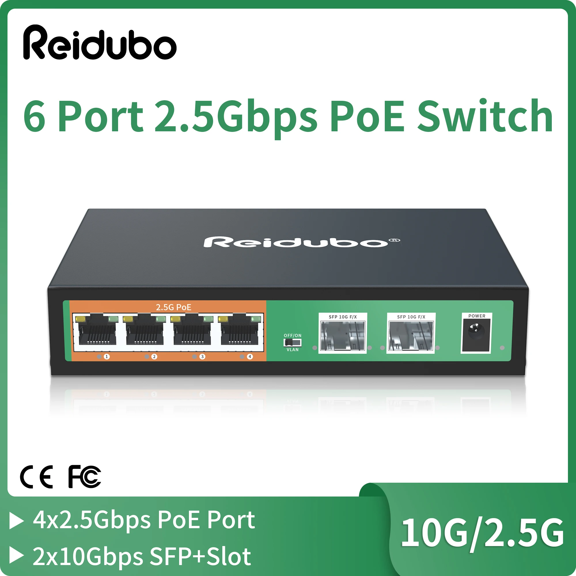 Interruptor PoE de 6 puertos, 2,5 GB, 4x2,5G, con 2x10G SFP puertos PoE, interruptor de red Ethernet no gestionado de 2,5 Gb, Plug & Play