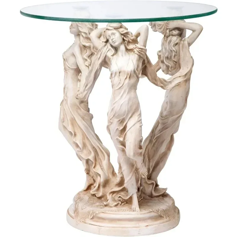 

【Premium】z Outdoor T le Greek Muse Statue Glass Side T le, Cast Resin, Antique Stone Finish, 18" wide, 18" deep, 20" high