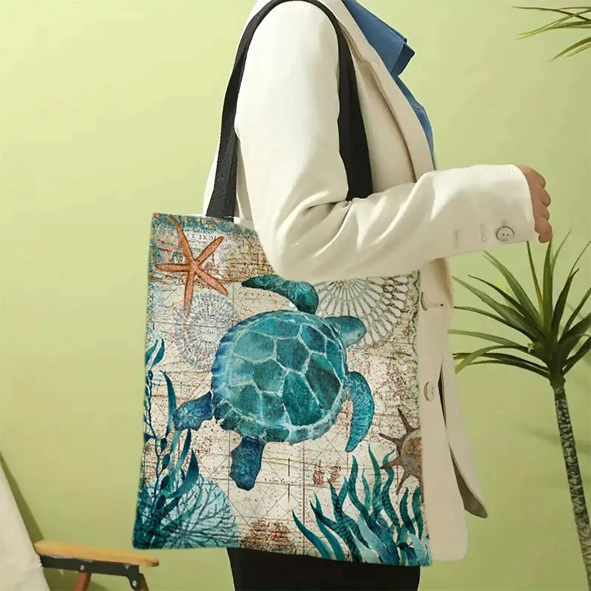 Large Capacity Tote Bag Turtle Print Traveling Shoulder Bags Eco Linen Shopping Bags For Women With Print