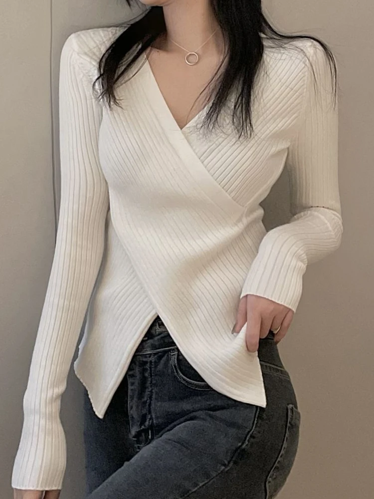 Irregular V-Neck Sweater Women Long Sleeve Top Pullover 2022 Winter Knitted Sweaters Mujer Knitwear Korean Fashion Woman Clothes