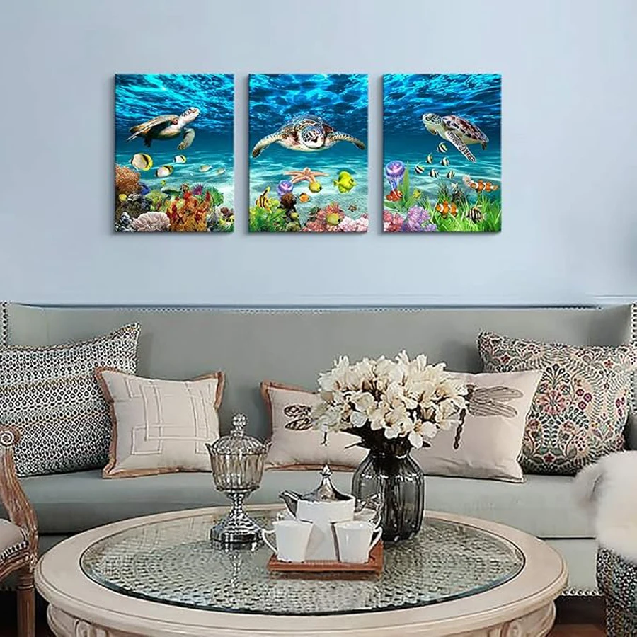 Diy Diamonds Art Painting Triptych Sea Turtle Animal Full Square Round Drill Undersea Plants Mosaic Embroidery Kits 3 Pieces/Set