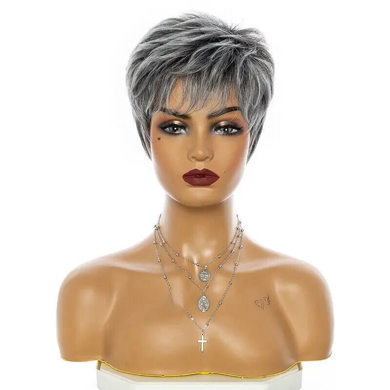 Short Black Root Grey Cut Wigs Straight Slight Layered Synthetic Hair Wig