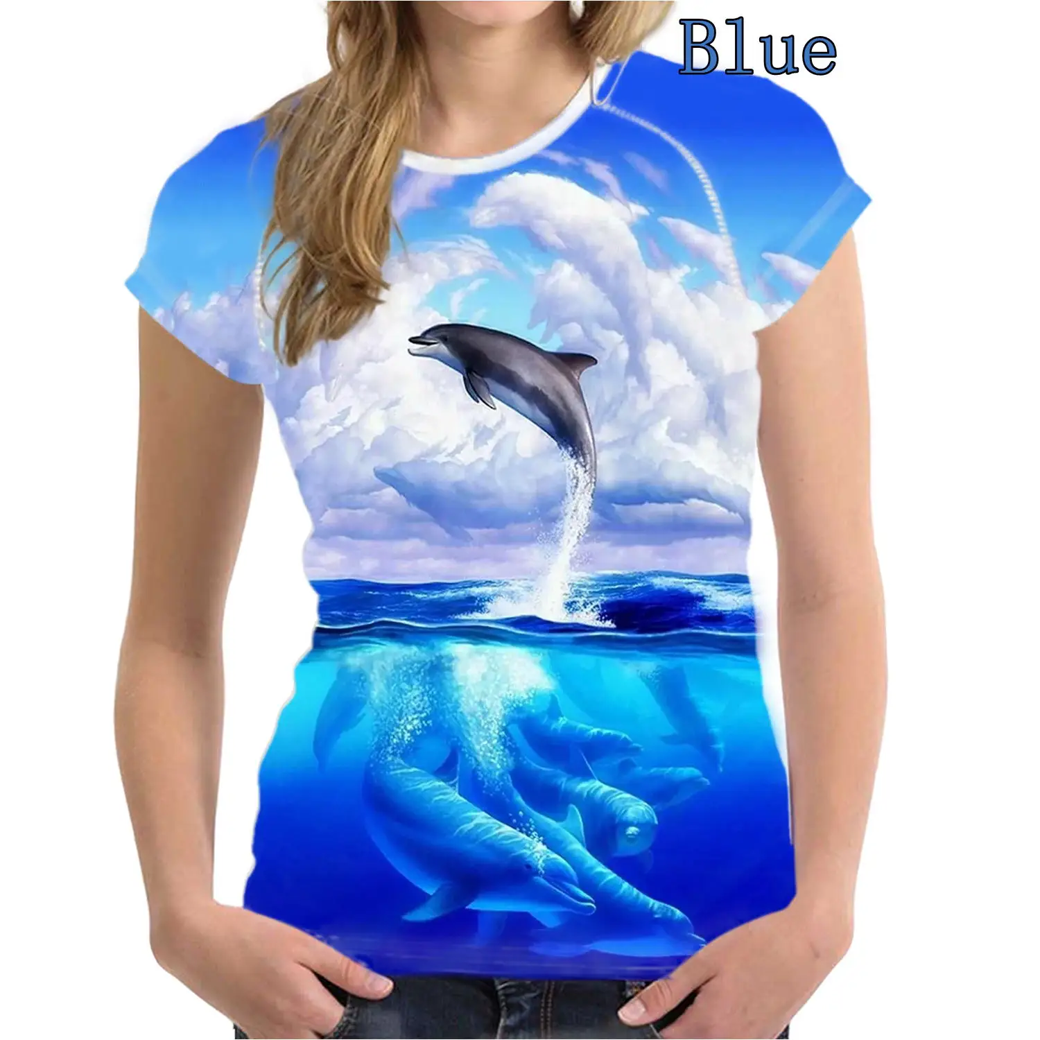 New Women's Top Fashion Summer Casual Short Sleeves Round Neck 3d Printed T Shirts Dolphin Shirts Womens