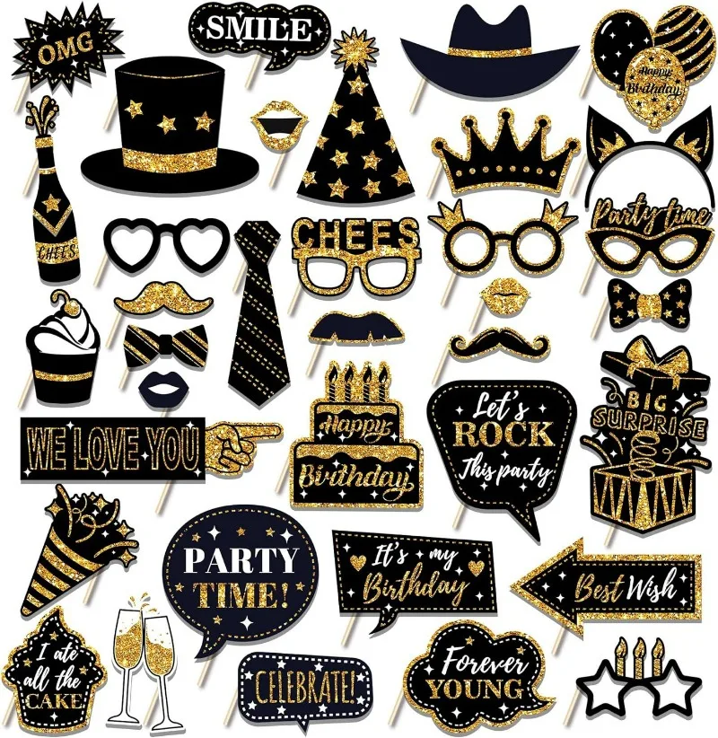 2025 Frohes Neues Jahr 36PCS Schwarz Gold/Schwarz Silber Papier Handheld Party Fotografie Liefert Dekorationen Photobooth Selfie Prop – Detail 7