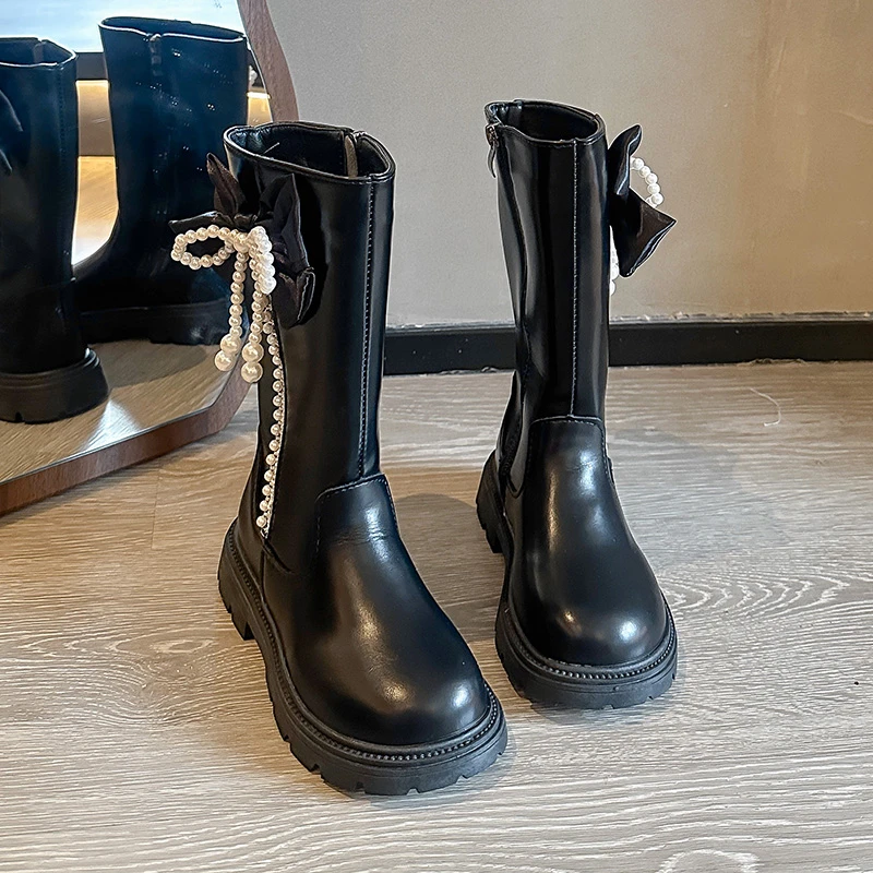 

Сапоги до середины икры для девочек, детские сапоги принцессы с милым бисером, осень-зима 2021, детские кожаные сапоги в корейском стиле, мягкие