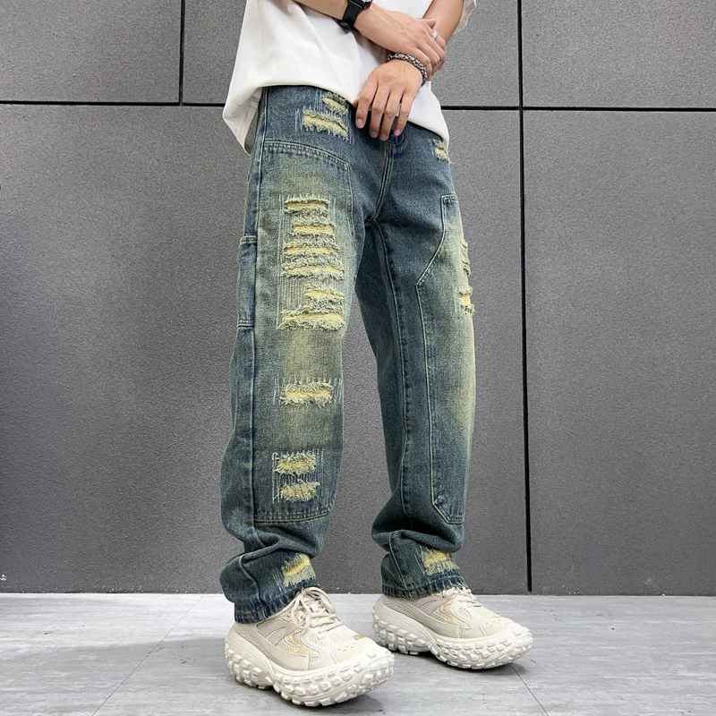 

Hip Hop Trend Patch Ripped Jeans Men's Clothing Frosted Jeans Casual Pants Hole Breaking Fashion Streetwear Skateboarding Pants