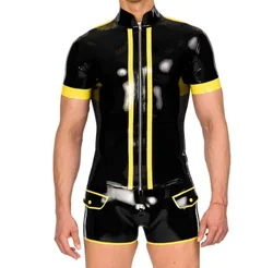 Latex Catsuit Rubber Bodysuit Gummi Men Tights Sports Handmade Clothes With Front Zipper Top And Shorts