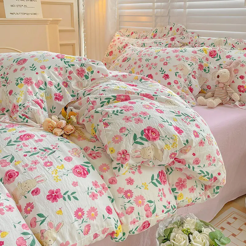 Cute Cherry Duvet Cover and Flat Sheet Lace Pillowcases Ins Girls Floral Beddings Soft Washed Cotton Bedspread for 1.5m 2.0m Bed