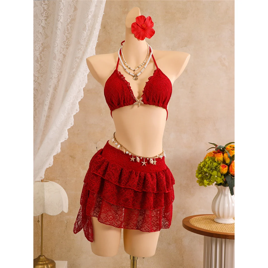 Mit Rüschenrock, Neckholder-Bikini, Damen-Badeanzug, dreiteiliges Bikini-Set, gepolsterter Badeanzug, Badebekleidung, Badeanzug V8400 – Detail 10
