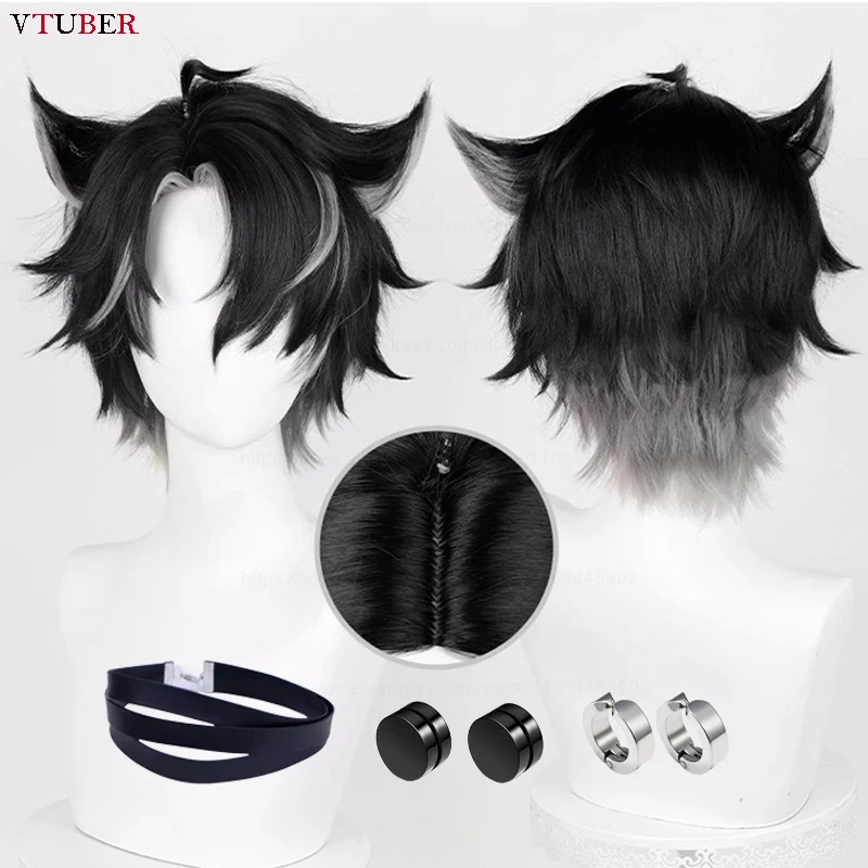 Genshin Impact Fontaine Wriothesley Cosplay Wig 30cm Black Gradient Gray Heat Resistant Synthetic Hair Game Anime Wigs + Wig Cap