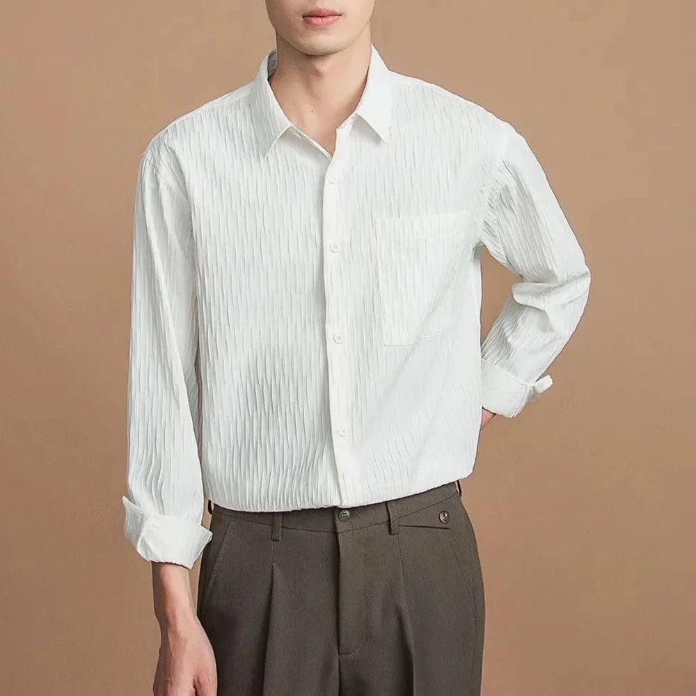 Mens Shirt Wrinkled Texture Casual Shirt British Elegant Business Commuting Temperament Solid Color Tops Men'S Clothing 2024