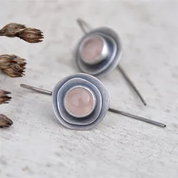 Classic Retro Round Inlaid Pink Stones Earrings Simple Personality Silver Color Metal Carving Pattern Dangle Earrings for Women