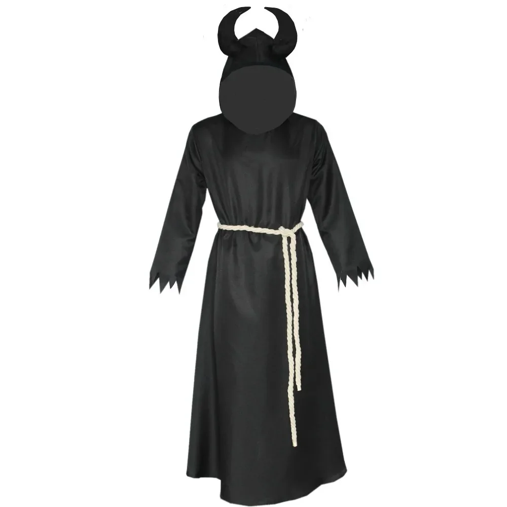 The Medieval Times Cloak Man Death Devil Cos Ox Horn Long Sleeves Floor Length Dress Monks and Priests Halloween Cosplay Costume