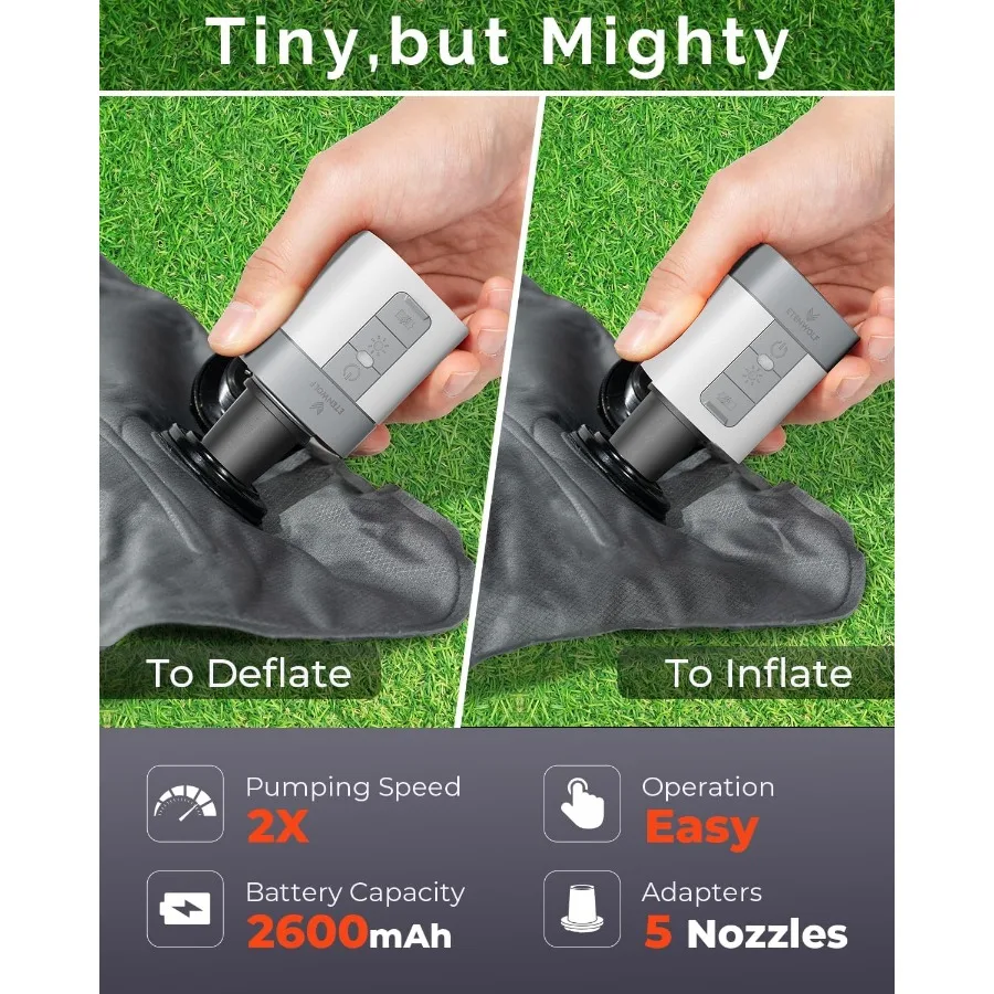 ปั๊มลมไฟฟ้าขนาดเล็กพิเศษ พร้อมแบตเตอรี่ 2600 mAh และไฟสำหรับตั้งแคมป์ สำหรับสินค้าที่ต้องการการเป่าลม: เหมาะสำหรับการเป่าลมและปล่อยลมอย่างรวดเร็ว