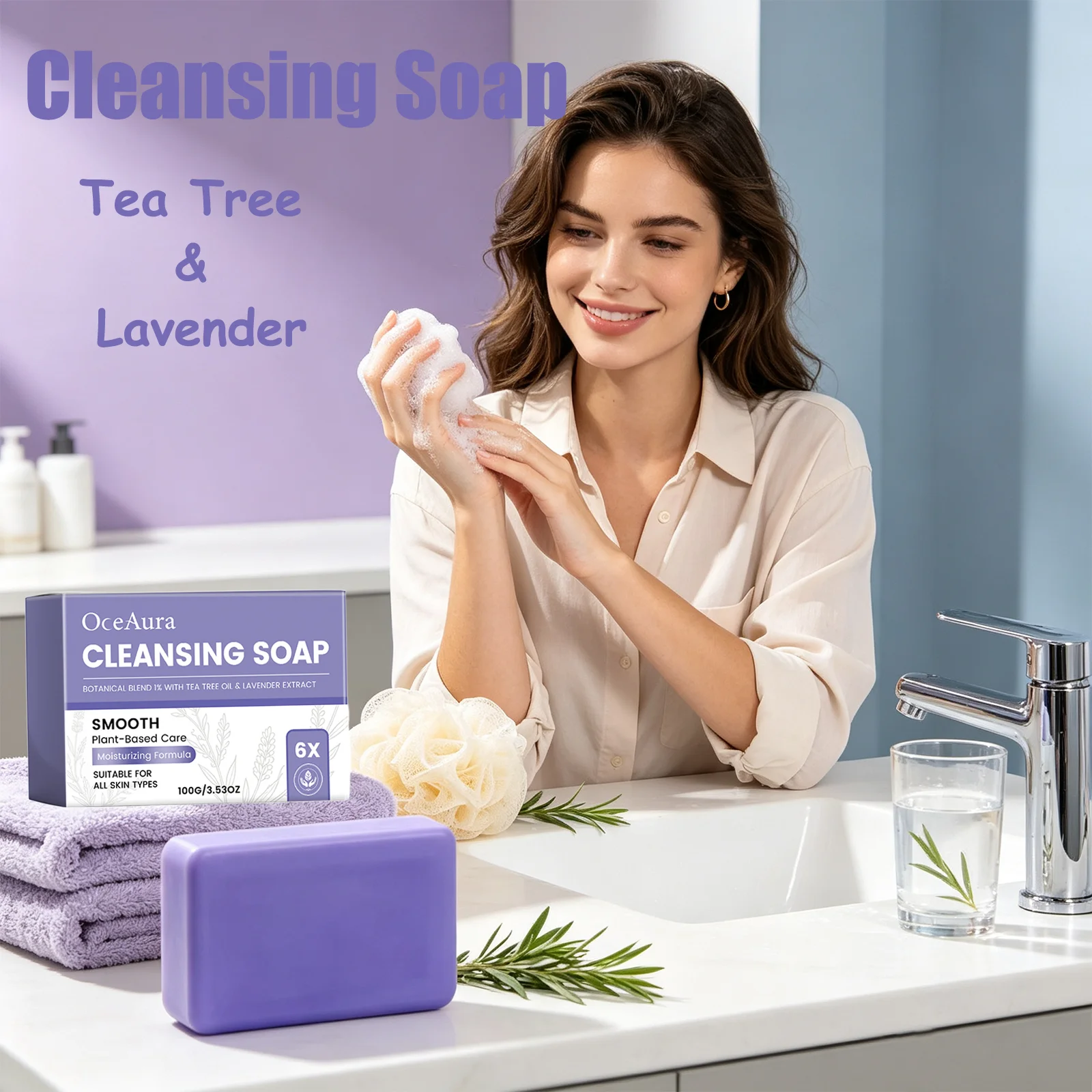 OceAura Cleansing Soap Tea Tree & Lavender Extract Impurity Remover Hydration Moisturizing Tea Tree Soap Bar for All Skin Types