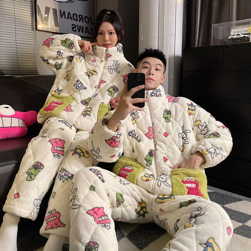 

Crayon Shin-chan Autumn Women Men Anime Pajamas Thicken Velvet Ribbed Fleece Set Pullover and Pants Couple Casual Pajama Sets