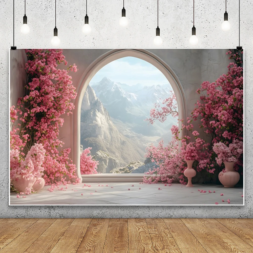 Europäischer Stil Bogen Fotografie Hintergrund Blume Berg Wolken Hintergrund Romantische Hochzeitsdekoration Braut Porträt Photobooth