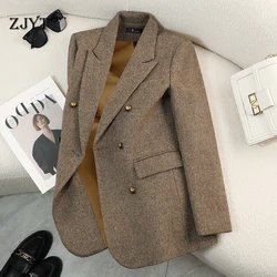 ZJYT Autumn Winter Fashion Woolen Jackets and Coats Women Designer Turn Down Collar Double Breasted Thick Outerwears Plus Size