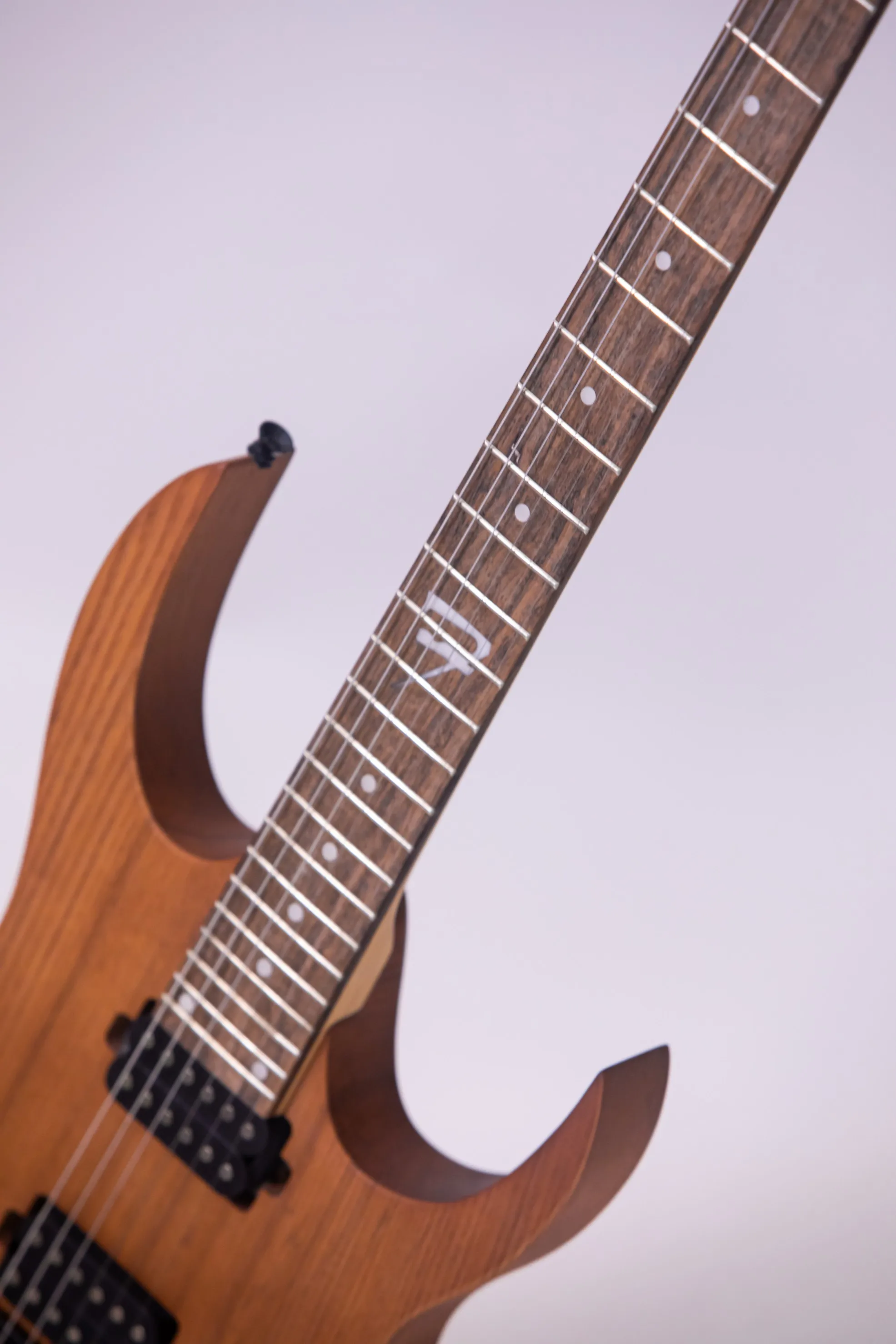 Custom-made model, the body has a cut-out, the pickups are double, single and double, the fretboard is with a floral pattern