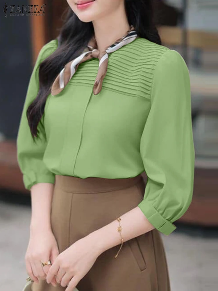 

ZANZEA, осенние плиссированные топы, женские повседневные свободные туники, элегантная блузка 2021, женская однотонная блузка с рукавами 3/4, большие размеры, S-3XL
