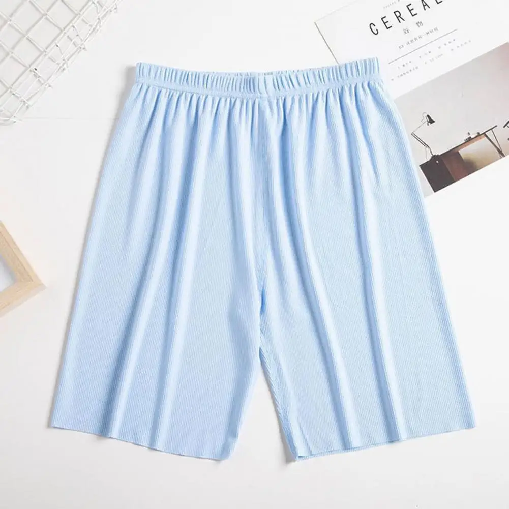 Mid-rise Elastic Waistband Pajama Shorts Ribbed Colorfast Breathable Wide Leg Men Ice Silk Pajama Pants Homewear