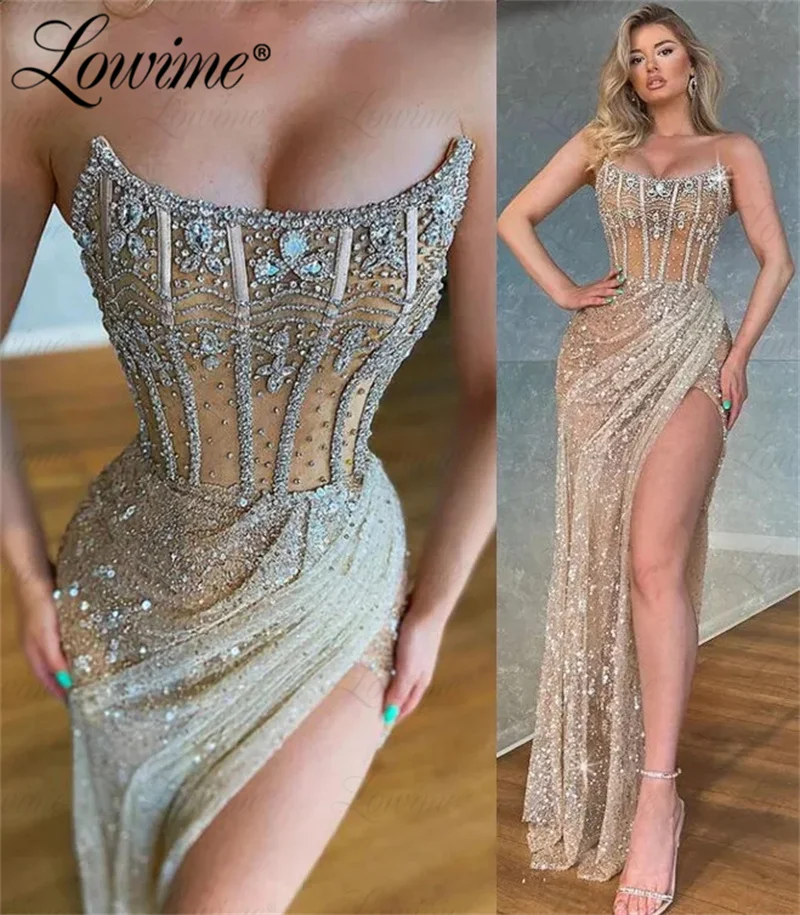 Hot Sexy Champagne Party Dresses Strapless With High Split Side Women Prom Dress Customize Crystals Floor Length Evening Gowns