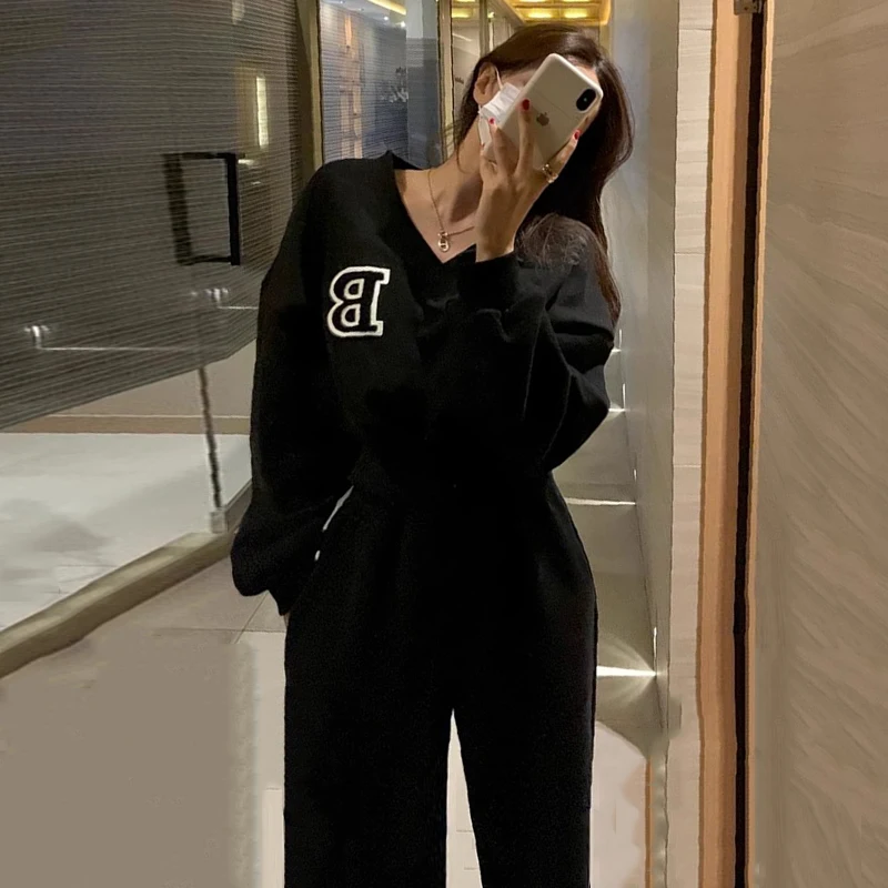 Conjunto de mole com capuz de manga crida e forro de lã para outono/inverno, calça casual de cintura alta e perna larga...