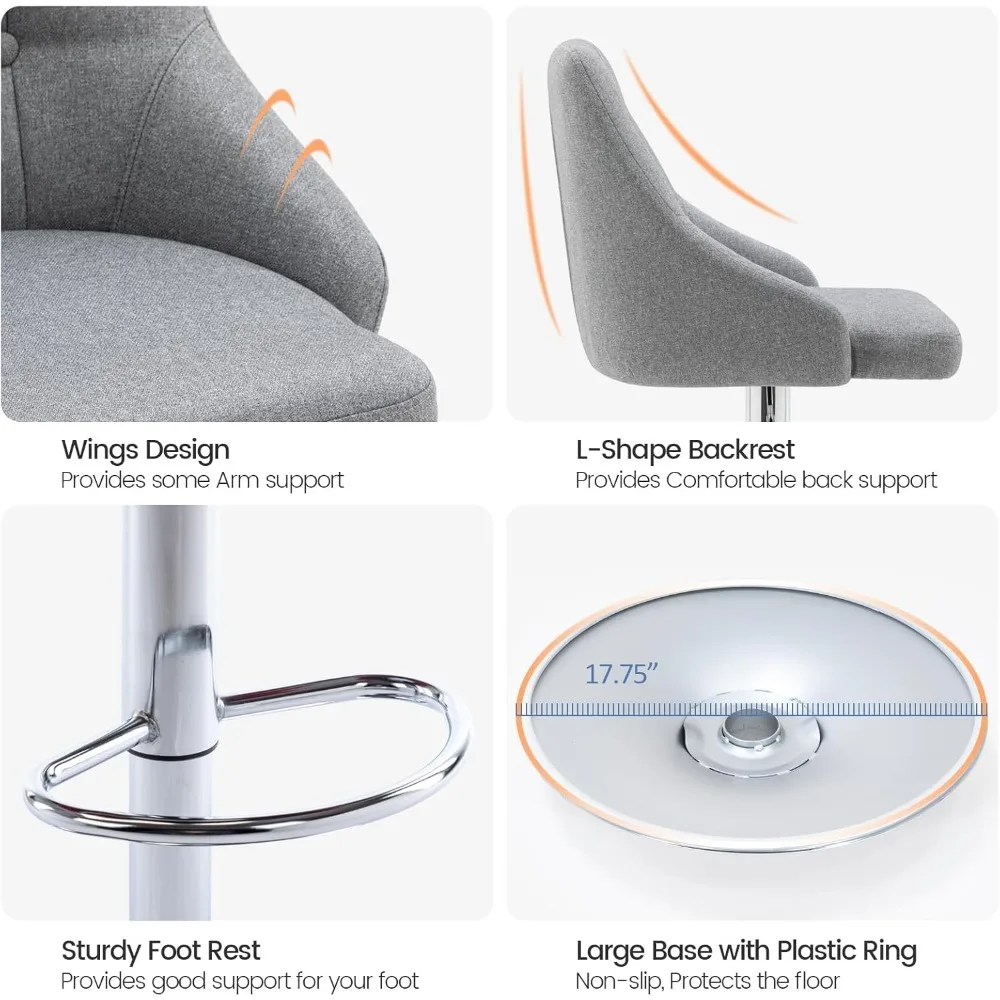 مقعد بار دوار مع مسند ظهر، مقعد معنقدة من القماش قابل للتعديل، كرسي منجد بارتفاع مضاد للمطبخ #6