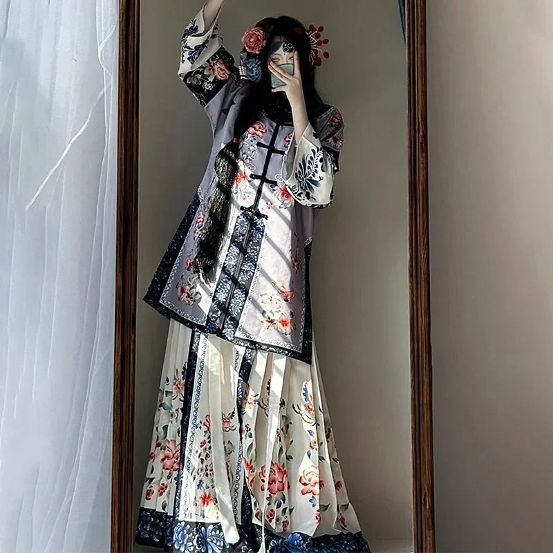 Original Qing Han Mulheres Restauração Conjunto Hanfu, Double Breasted Roupas Étnicas, Indústria Pesada Impressa, Cara de Cavalo, Novo Conjunto Dinastia Qing