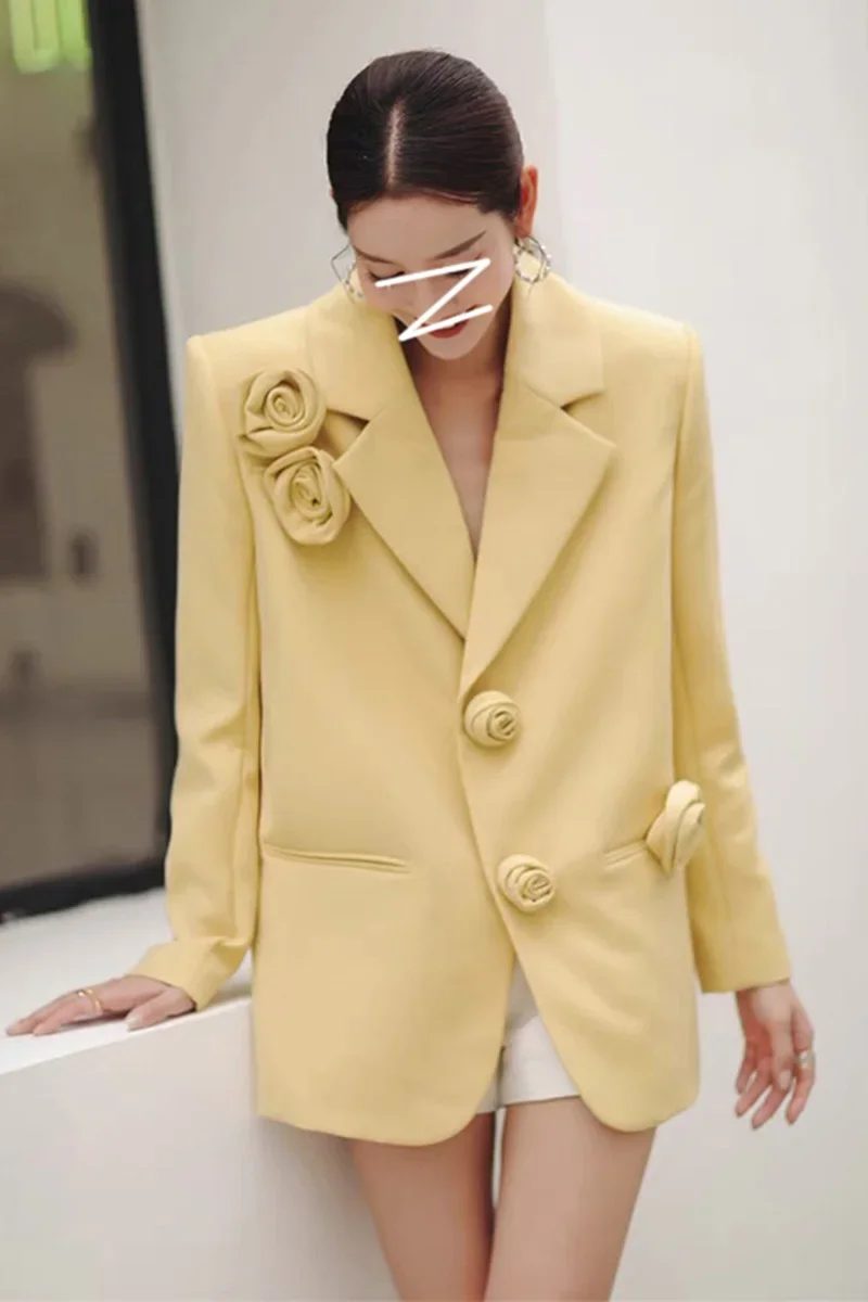 Elegante dolce 3D fiori giallo giacca da donna 2022 autunno inverno nuovi vestiti allentati ufficio giacca sportiva da donna cappotto capispalla Top