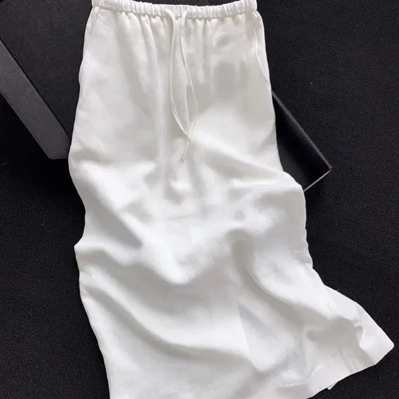 

Новая минималистичная дышащая льняная юбка, женская летняя повседневная прямая юбка с разрезом и эластичной резинкой на талии, модная юбка