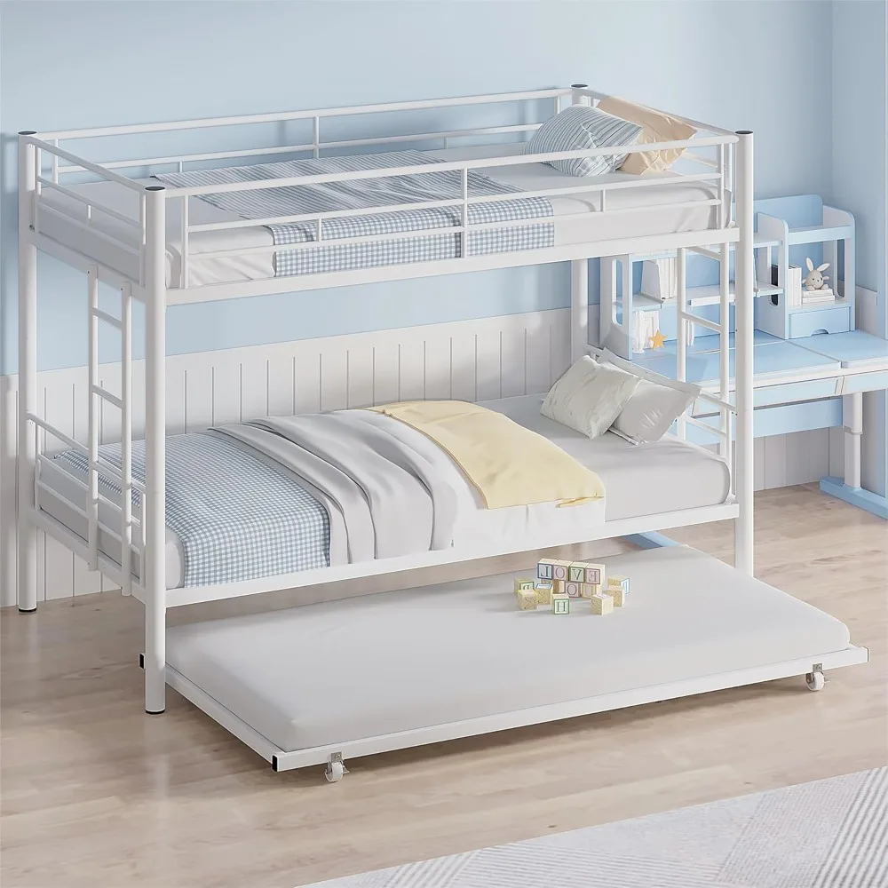 

Bunk Bed Twin Over Twin with Trundle, Metal Bunkbeds with Ladder and Full-Length Guardrail, No Box Spring Needed, Space S