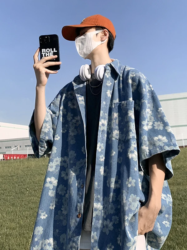 

Мужская джинсовая рубашка свободного кроя с цветочным принтом, повседневная, с коротким рукавом, летняя, модная, винтажная, молодежная, трендовая