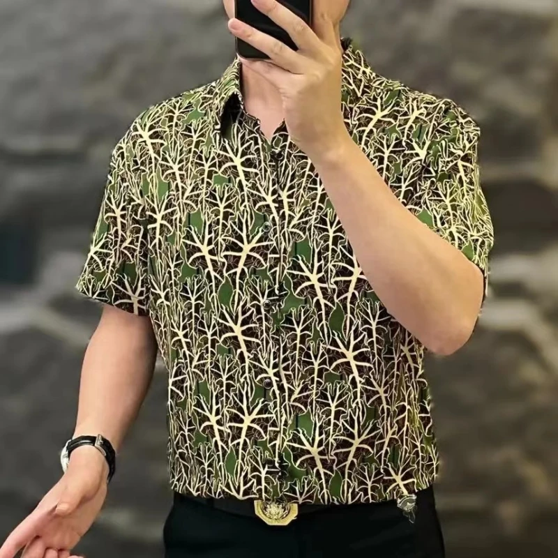 

2024 Summer Boyfriend Spliced Square Collar Button Printed Fashion Minimalist Comfortable Casual Versatile Short Sleeve Shirt