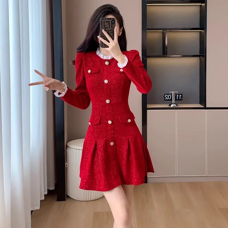 

New Women's Tweed Fishtail Mini Dress Fall Long Sleeve Korean Style Lace Border Patchwork Fashion Office Lady Vintage Dresses