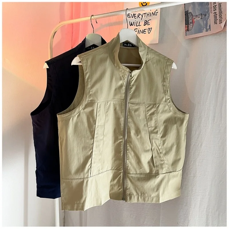

Однотонный ленивый мужской воротник-стойка на молнии, японский свободный универсальный жилет, жилет, камзол, модный новый осенний молодежный жилет