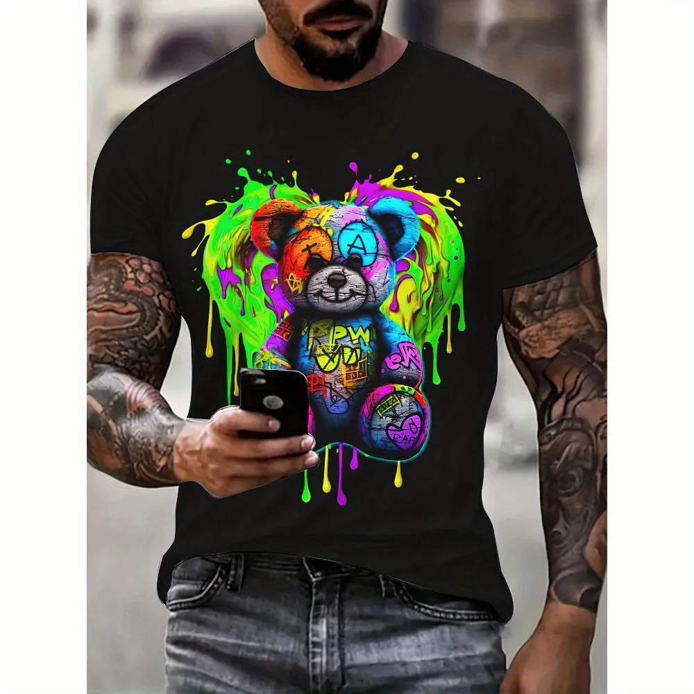 

Color teddy bear print men's fashion T-shirt, comfortable and casual wear,eye-catching design,high-quality short-sleeved T-shirt