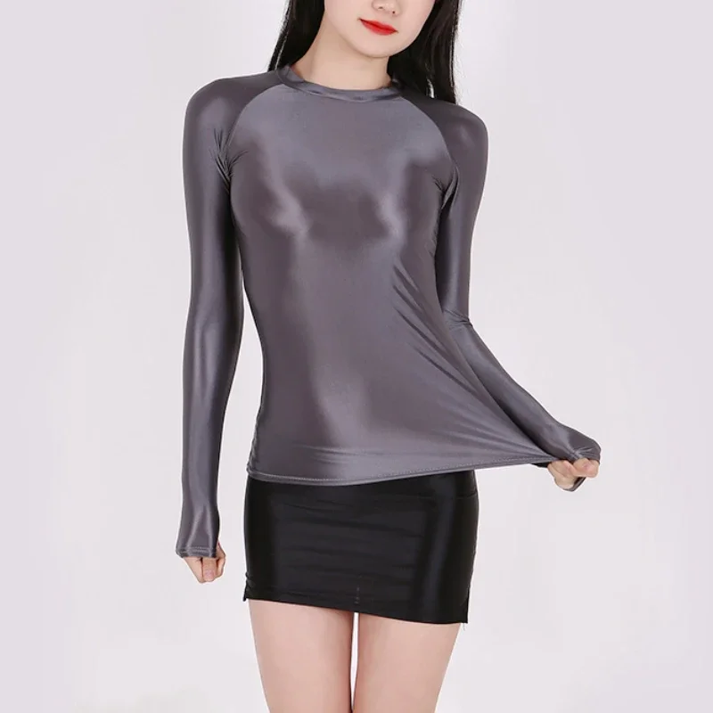 2022 Spring Summer Fashion Super Thin Breathable Slim Sports Tees Glossy Sexy Transparent Tight T-Shirt Elastic Solid Color Tops