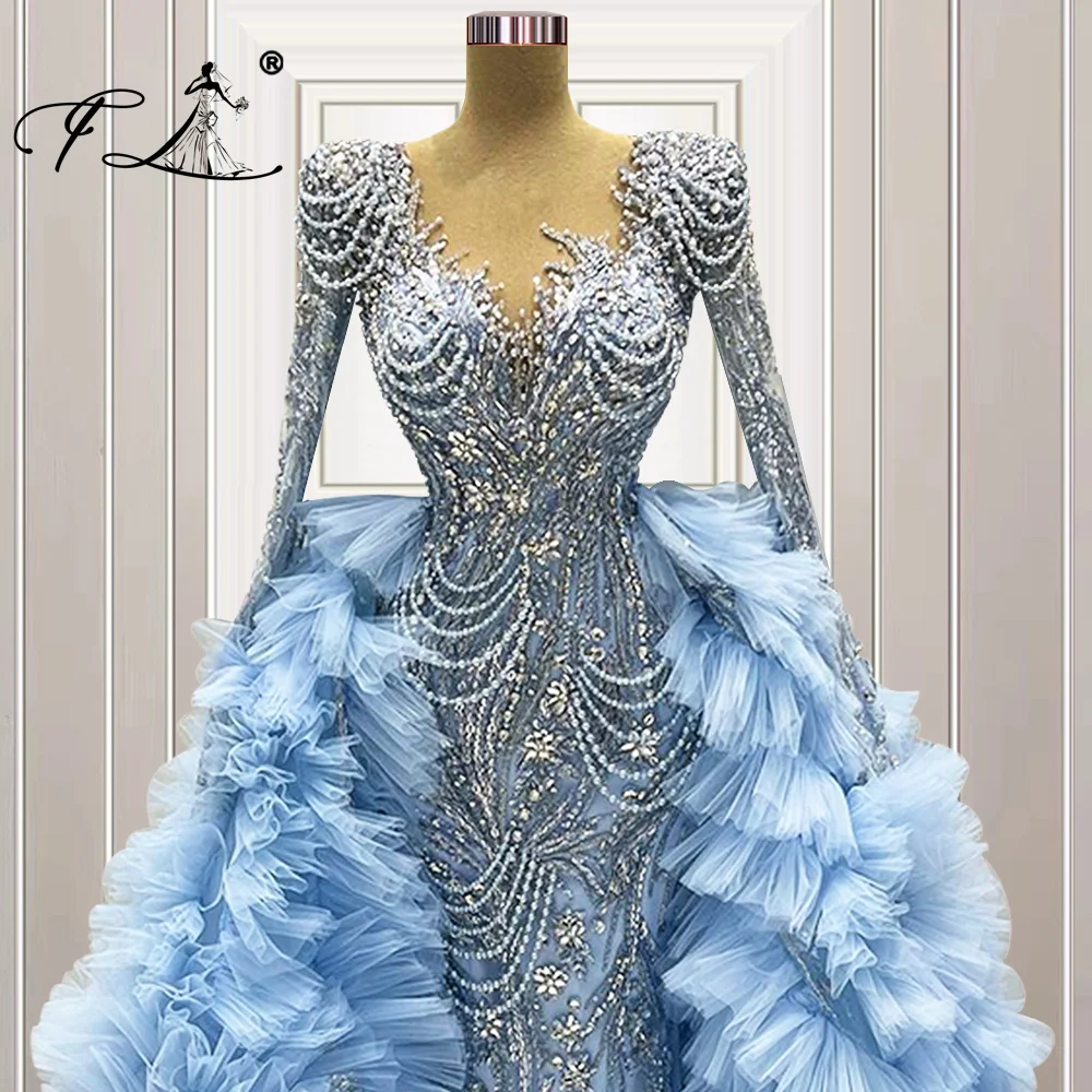 Luxury Two Pieces Evening Gown Blue Prom Dresses 2024 Arabic Celebrity Dresses Beading Customized Vestidos De Noche