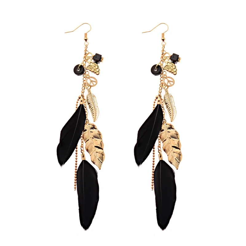 Women's Vintage Long Bohemian Leaf Feather Hanging Drop Earrings Indian Jewelry Female Chain Pendant Tassel Earring Oorbellen