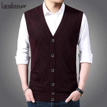 6% Wol Mode Mouwloze Trui Voor Heren Vest V-hals Slim Fit Jumpers Truien Warme Herfst Vest Casual Kleding Mannelijke