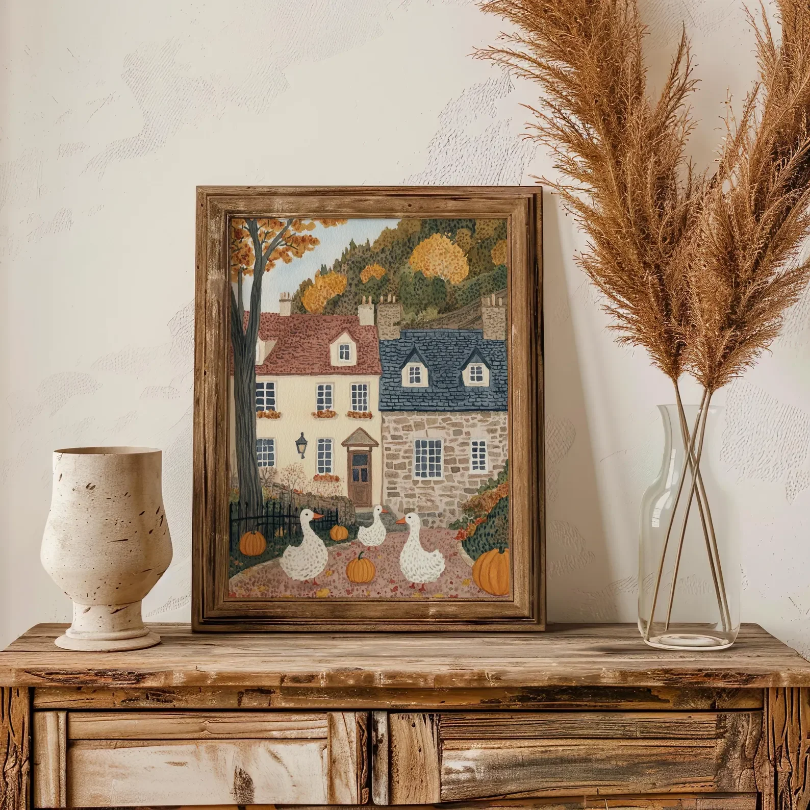 Autumn Village Print Farmhouse Decor Wall Art Duck with Pumpkin Digital Download Fall Pumpkin Printable Cozy Fall Print Rustic image 3