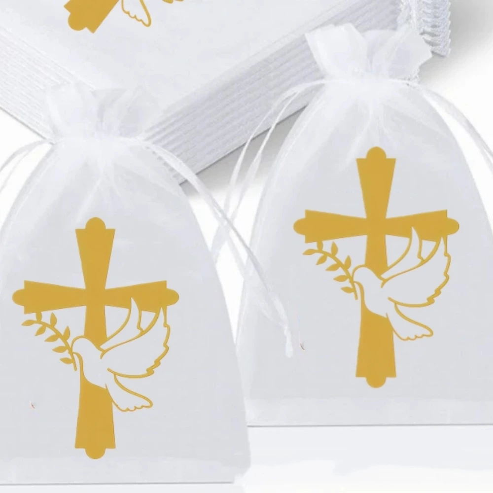 Bolsa de arena con cruz para la Sagrada Comunión, bolsa pequeña de regalo blanca, adecuada para diversas ocasiones, como bolsas de regalo de recuerdo, 5 uds.